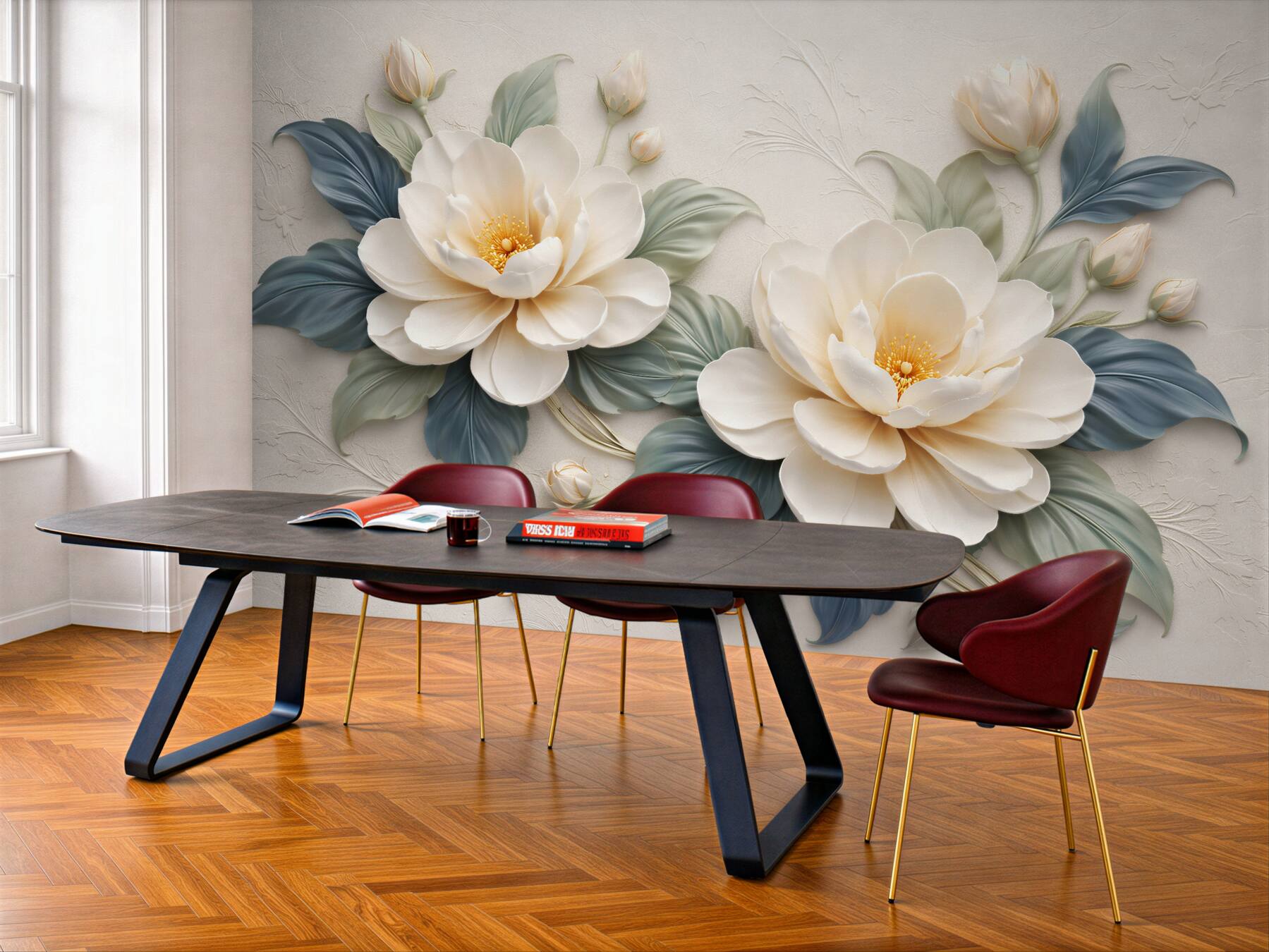 Fototapeten Cremefarbene Blumen im 3D-Stil