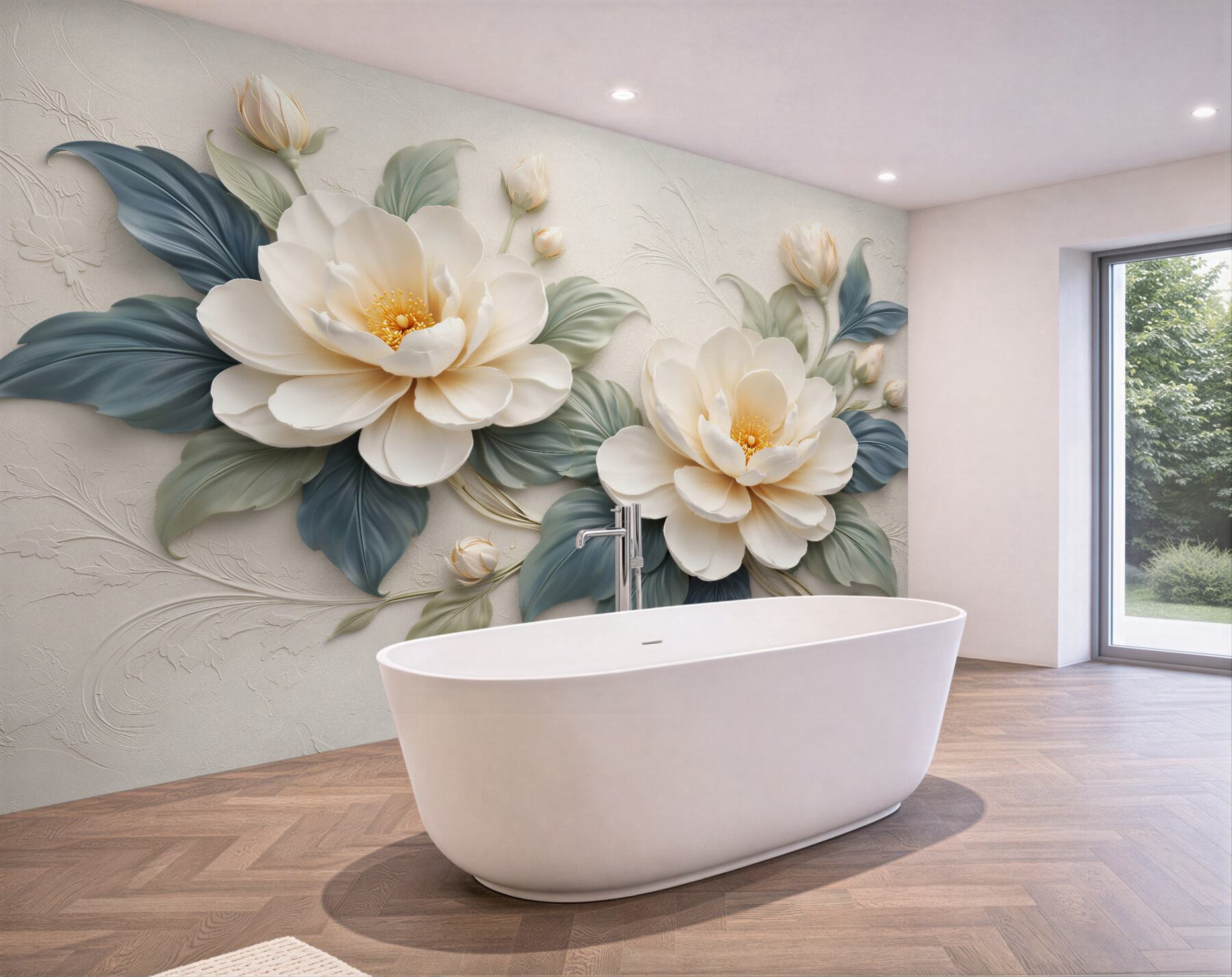 Fototapeten Cremefarbene Blumen im 3D-Stil
