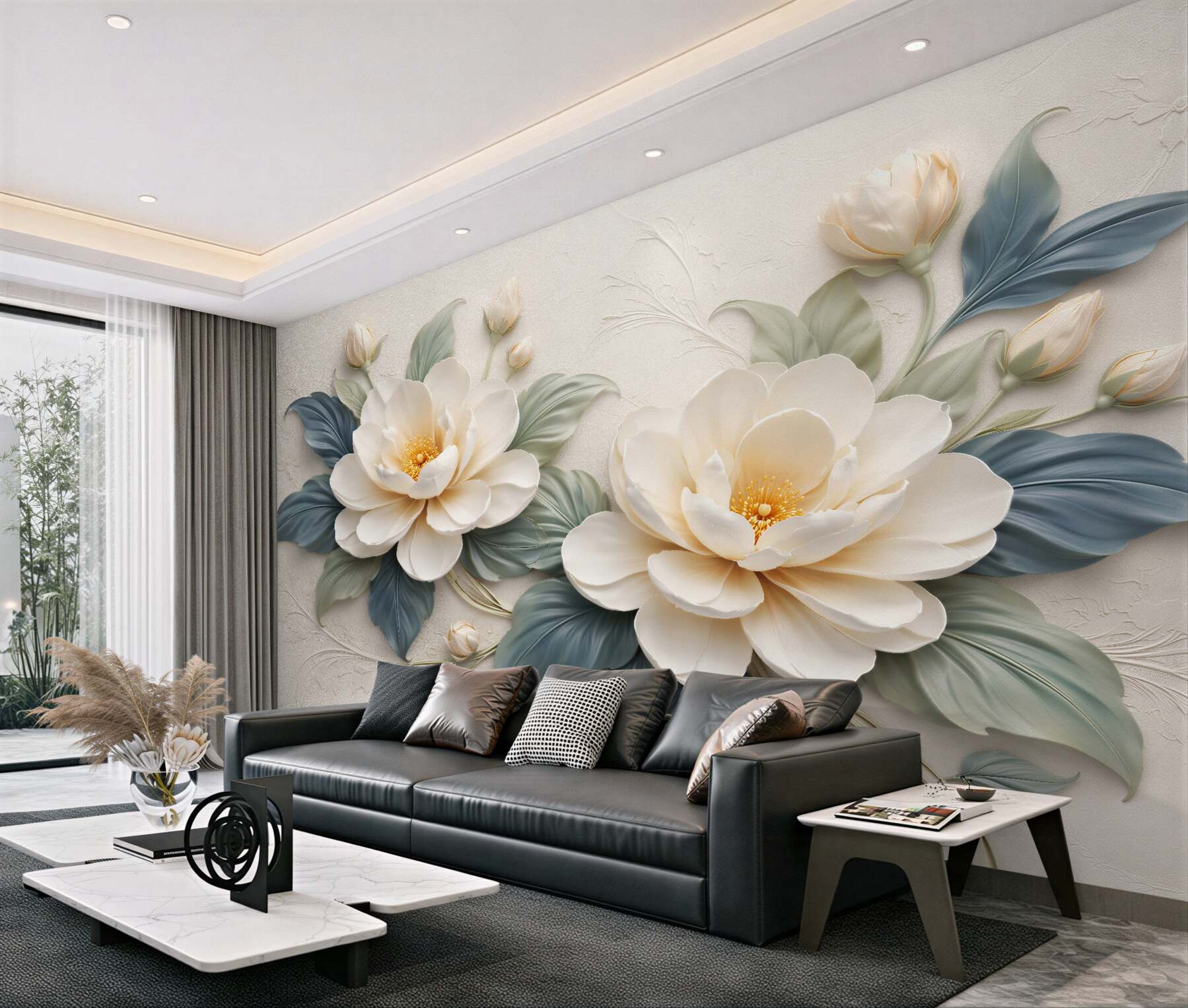 Fototapeten Cremefarbene Blumen im 3D-Stil