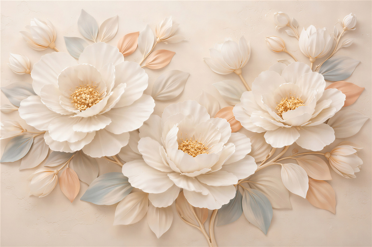 Fototapeten Cremefarbene 3D-Blumen Eleganz