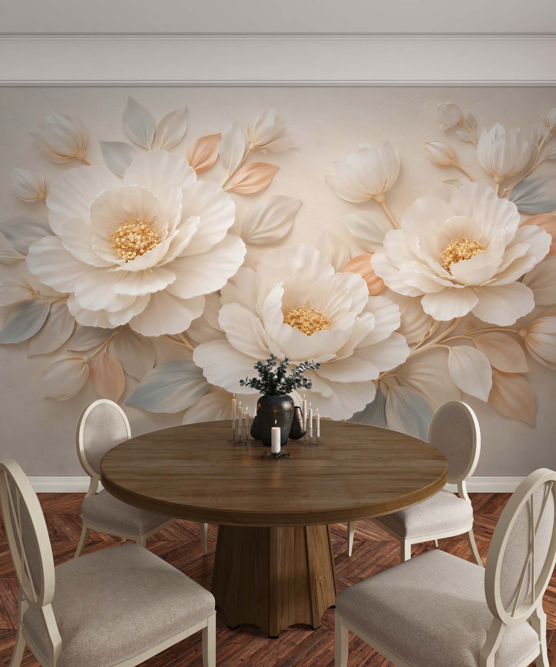 Fototapeten Cremefarbene 3D-Blumen Eleganz