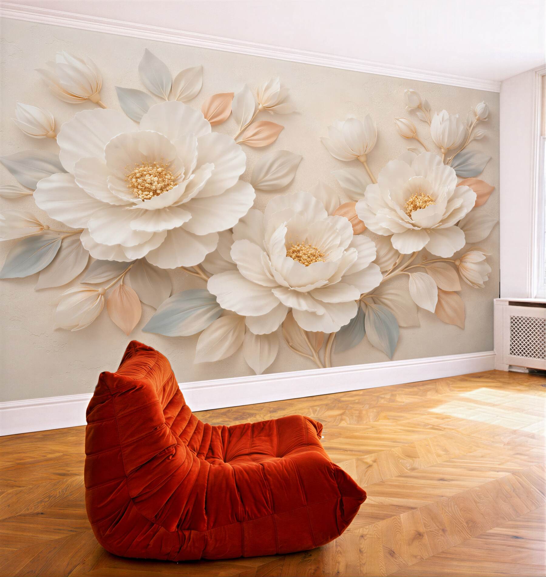 Fototapeten Cremefarbene 3D-Blumen Eleganz