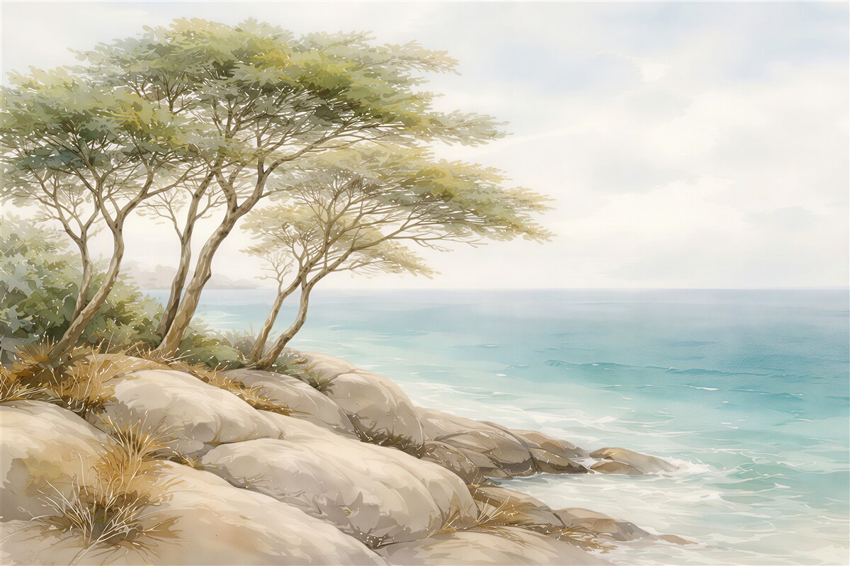 Fototapeten Aquarellbäume am ruhigen Meer