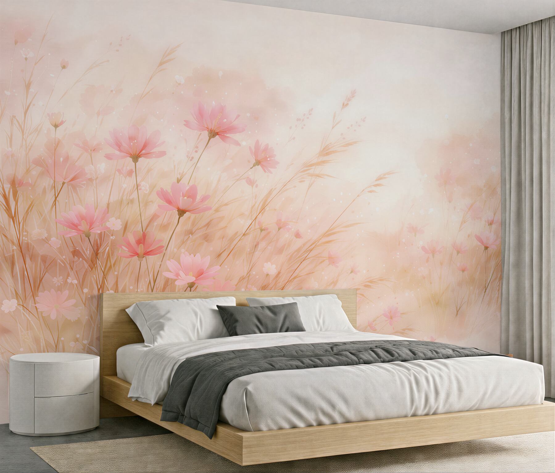 Fototapeten Pastellwiese mit rosa Blumen