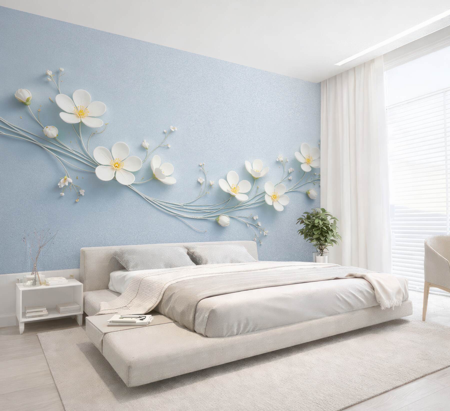 Fototapeten Weiße Blumen auf blauem Relief