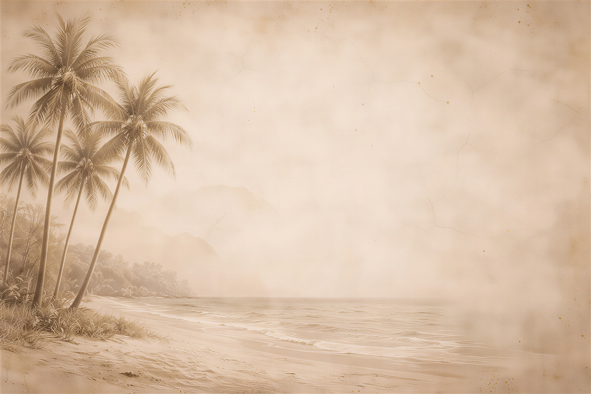 Fototapeten Sepia-Strand mit Palmen