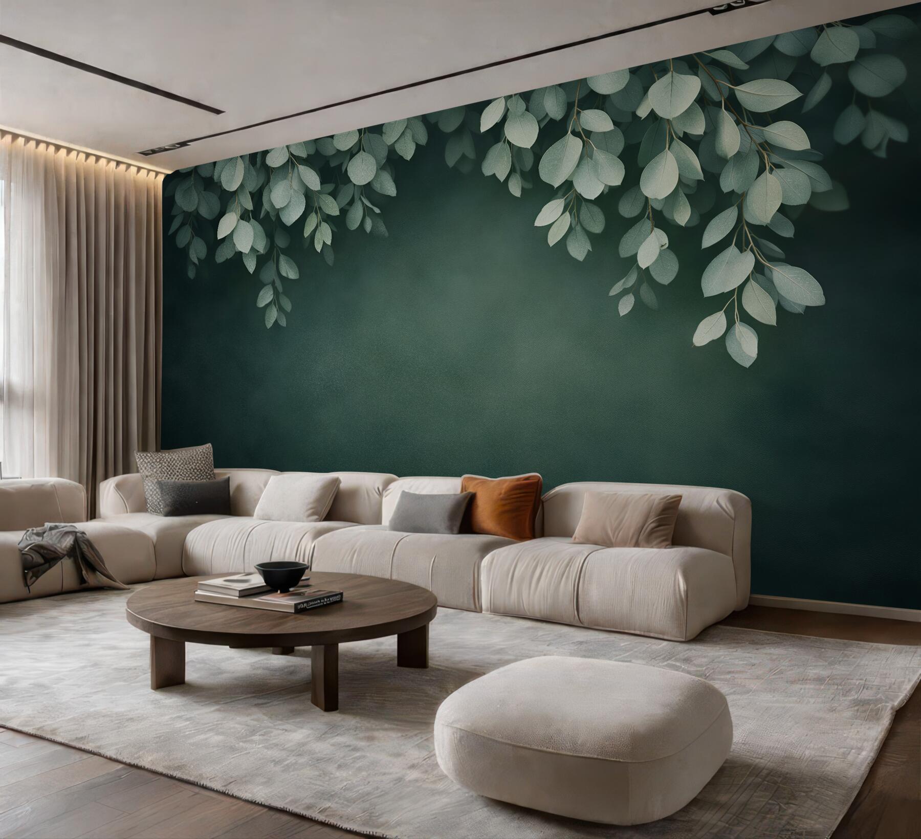Fototapeten Hängende Blätter auf grünem Hintergrund