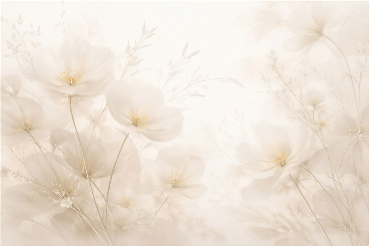 Fototapeten Cremefarbene Blumen im ätherischen Nebel