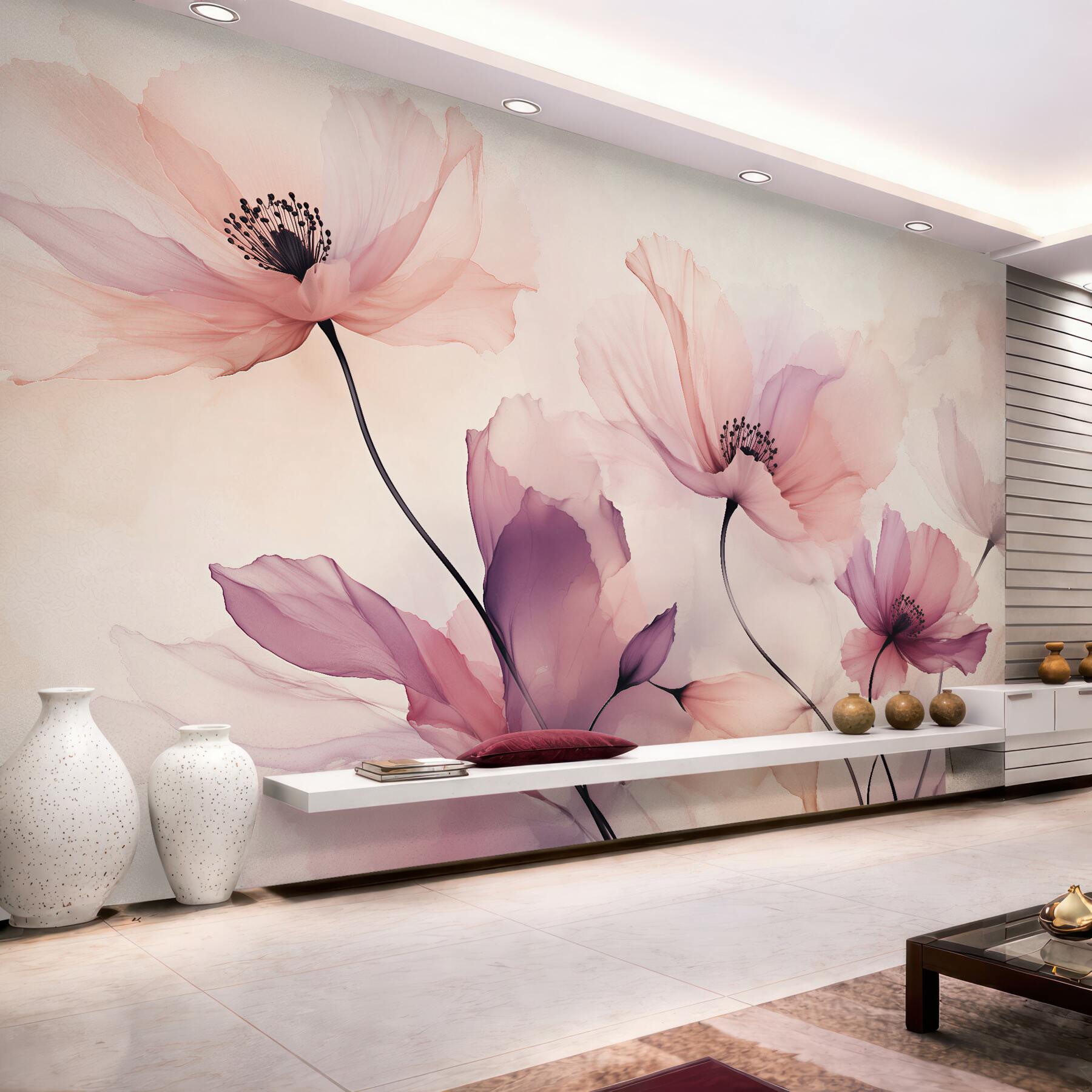 Fototapeten Pudrige Mohnblumen in aquarellhafter Leichtigkeit