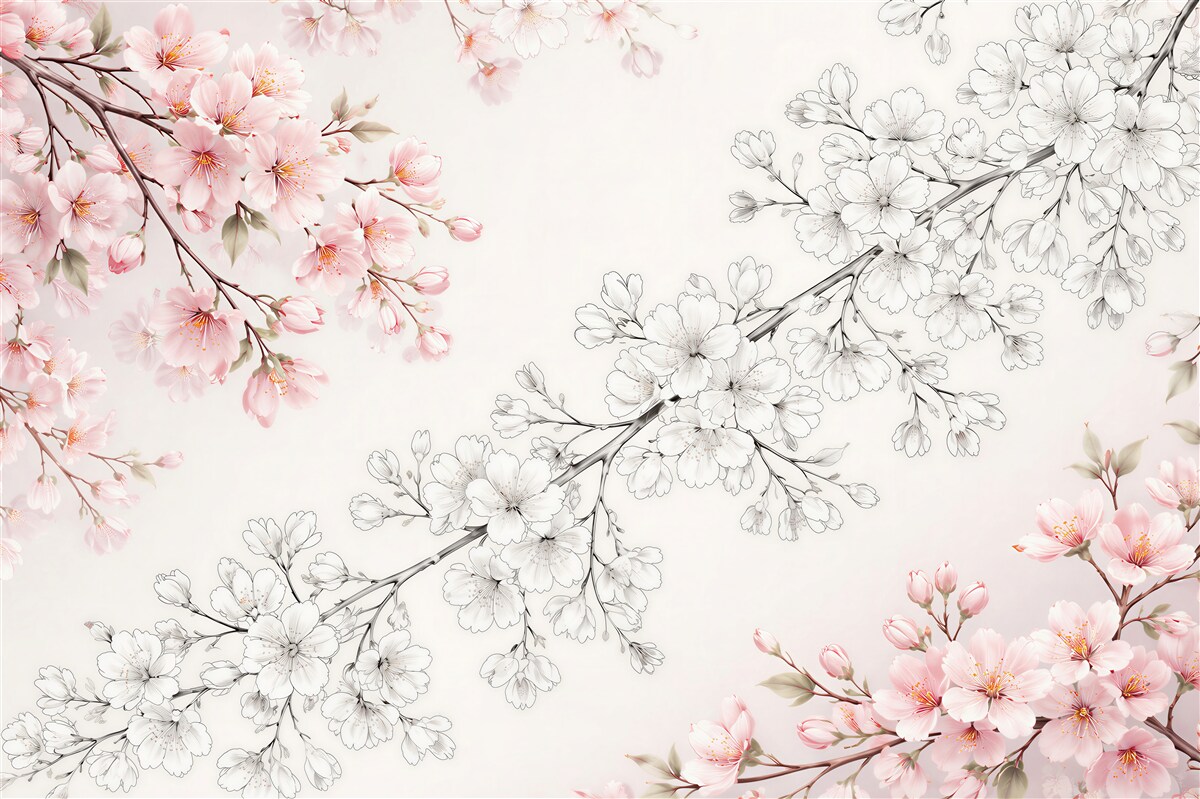 Fototapeten Kirschblüte als Skizze und Pastell
