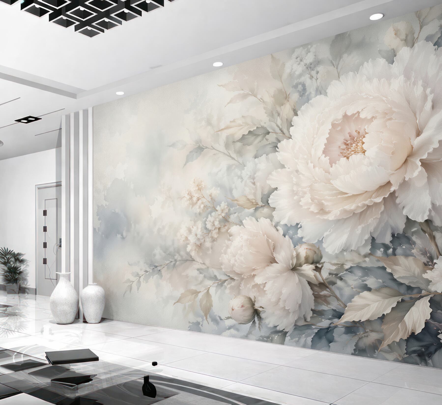 Fototapeten Cremefarbene Pfingstrosen in den Wolken
