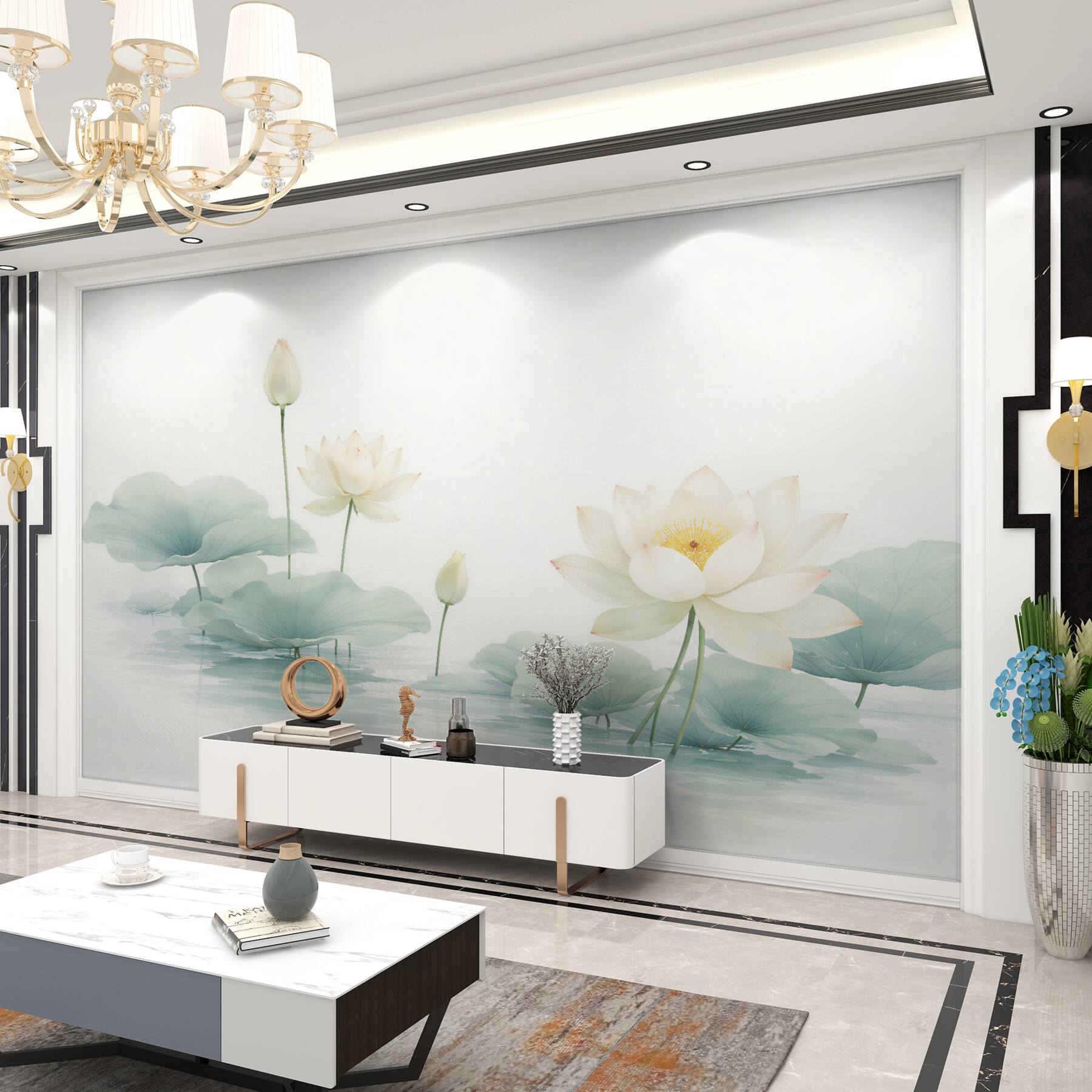 Fototapeten Weiße Lotusblumen auf ruhigem Wasser
