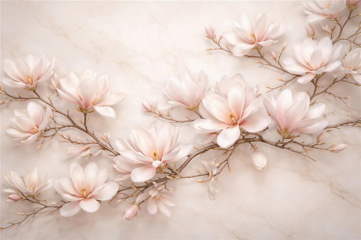 Fototapeten Zarte Magnolien auf Marmor