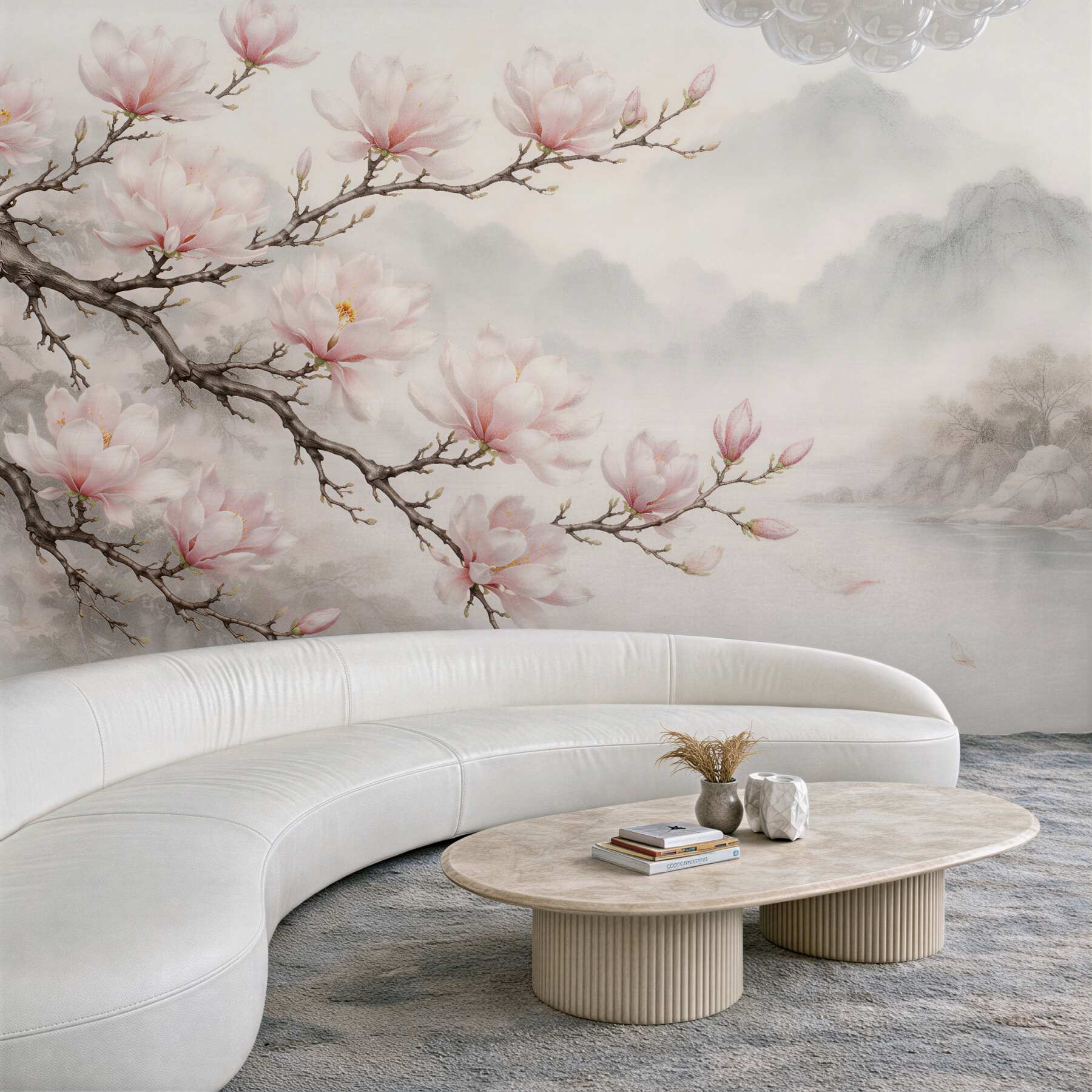 Fototapeten Magnolien über dem nebligen See