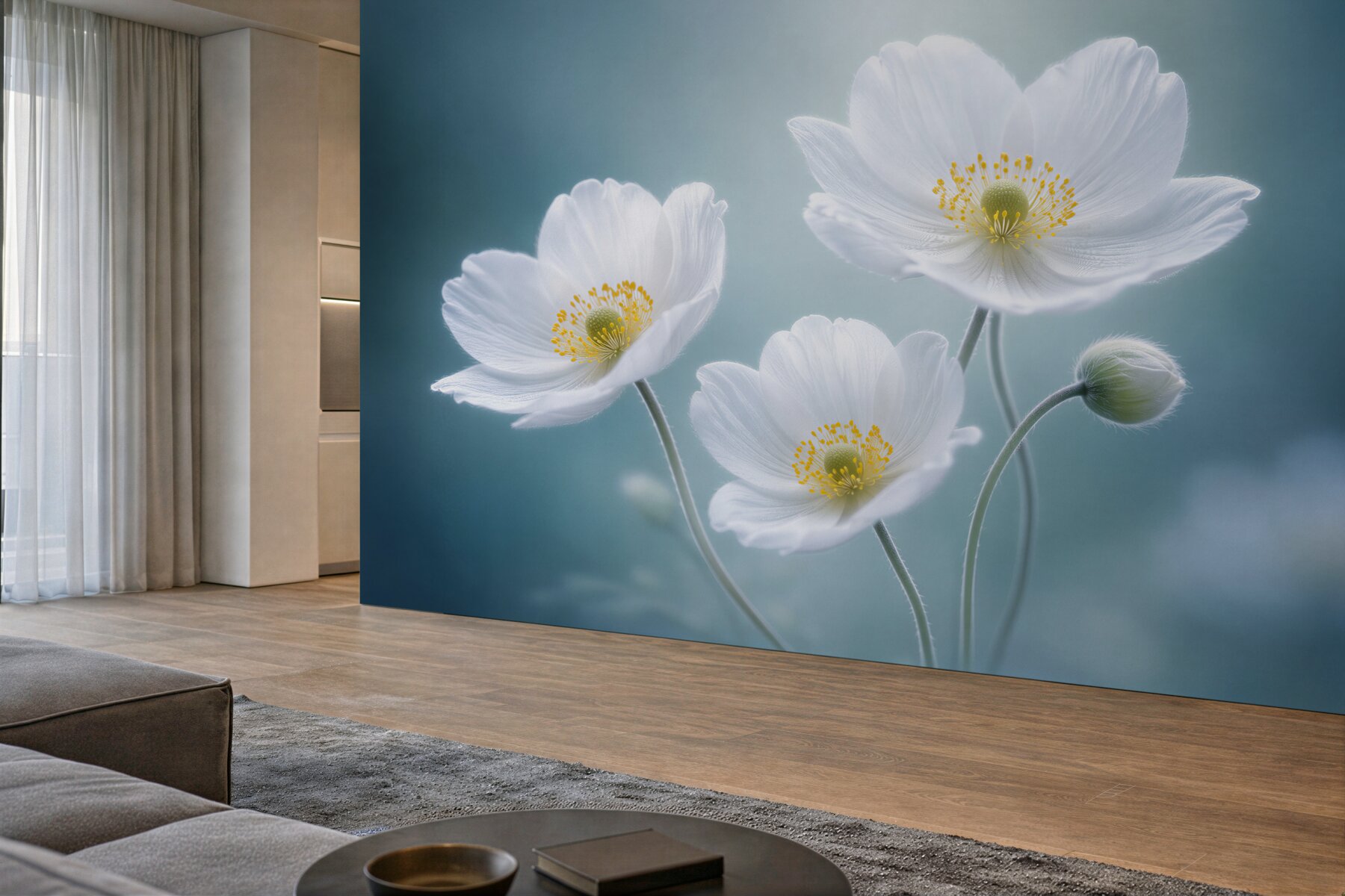Fototapeten Ätherische weiße Blumen in Blau