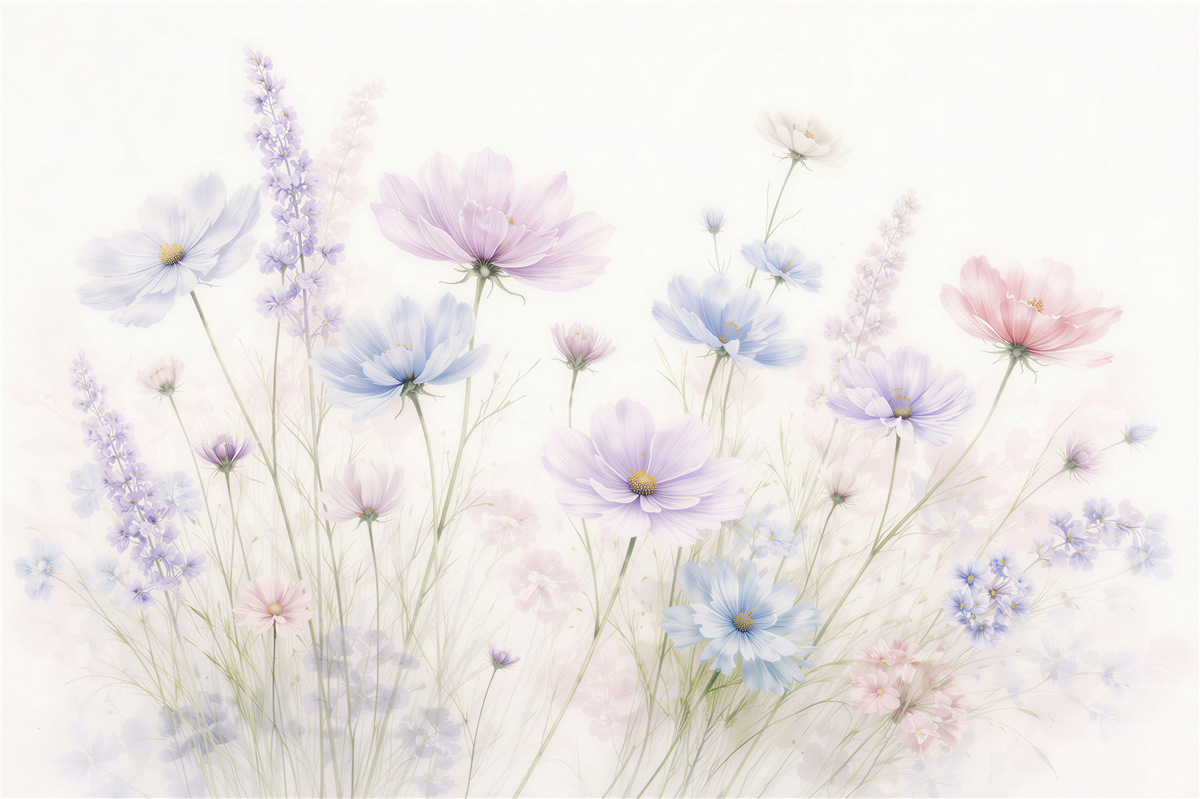 Fototapeten Pastellfarbene Blumenwiese