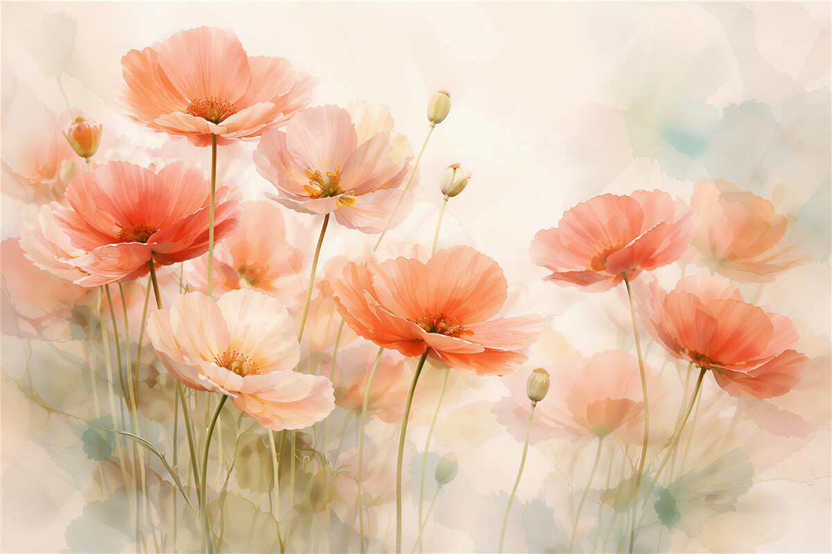 Fototapeten Zarte Mohnblumen in pastelligem Nebelschleier