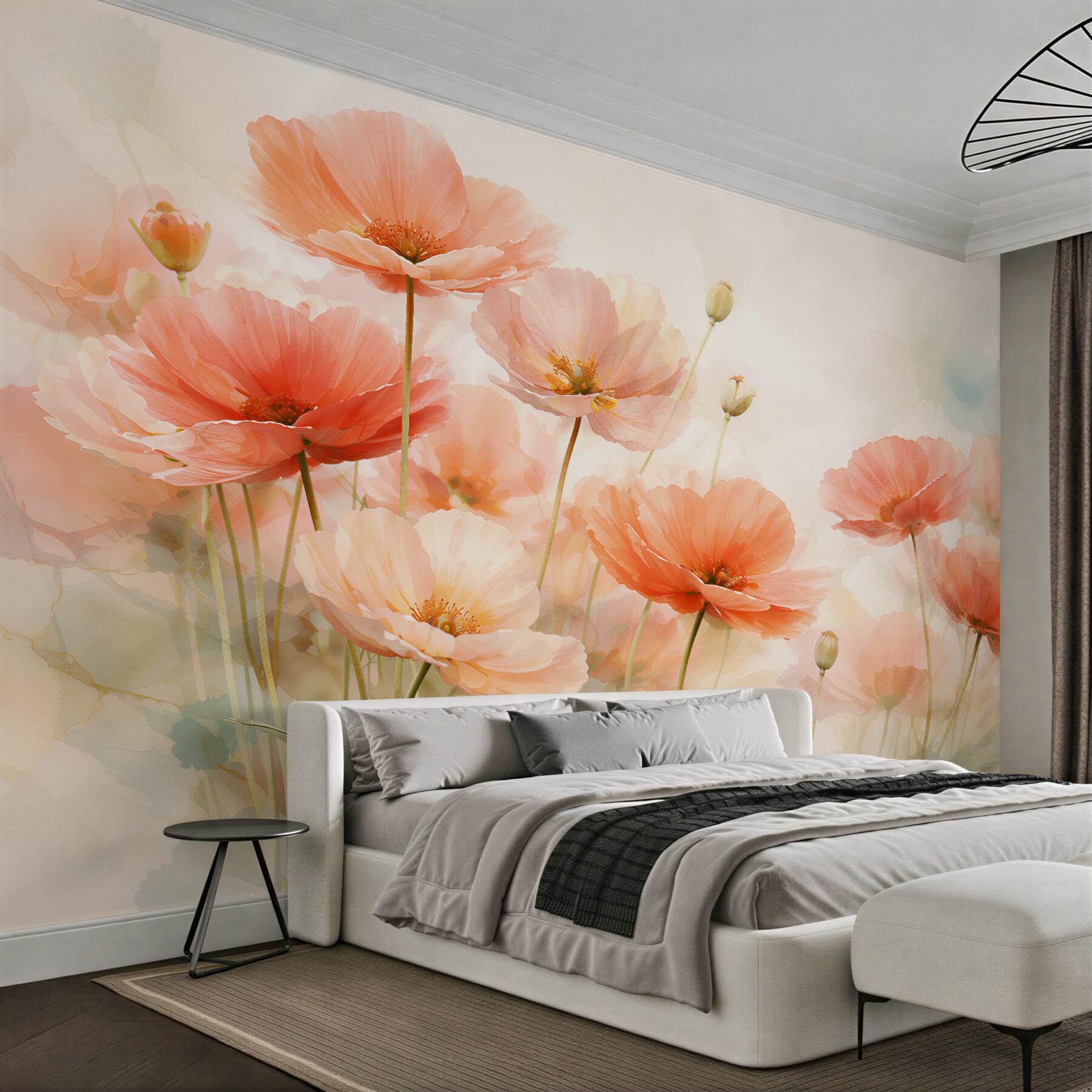 Fototapeten Zarte Mohnblumen in pastelligem Nebelschleier