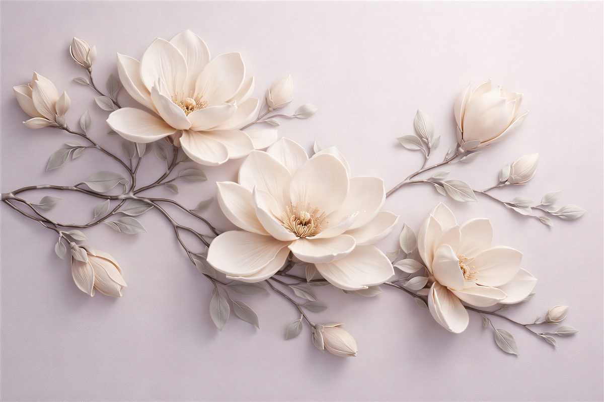 Fototapeten Cremefarbene Magnolie im 3D-Stil