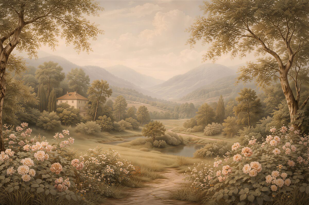 Fototapeten Romantische Landschaft mit Rosengarten