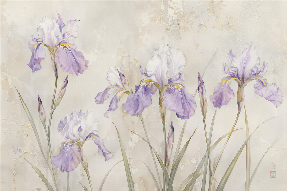 Fototapeten Subtile Irisblüten auf cremefarbenem Hintergrund