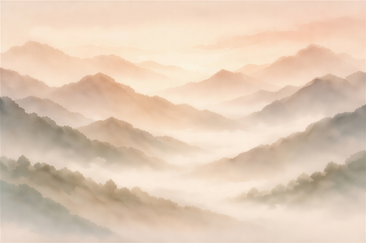 Fototapeten Pfirsichfarbene Berge im sanften Nebel