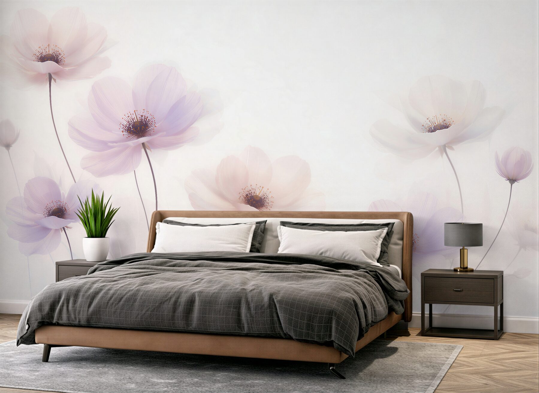 Fototapeten Pastellfarbene Blumen im leichten Nebel