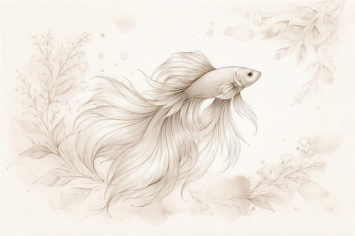 Fototapeten Zarter Fisch in floralem Sketch