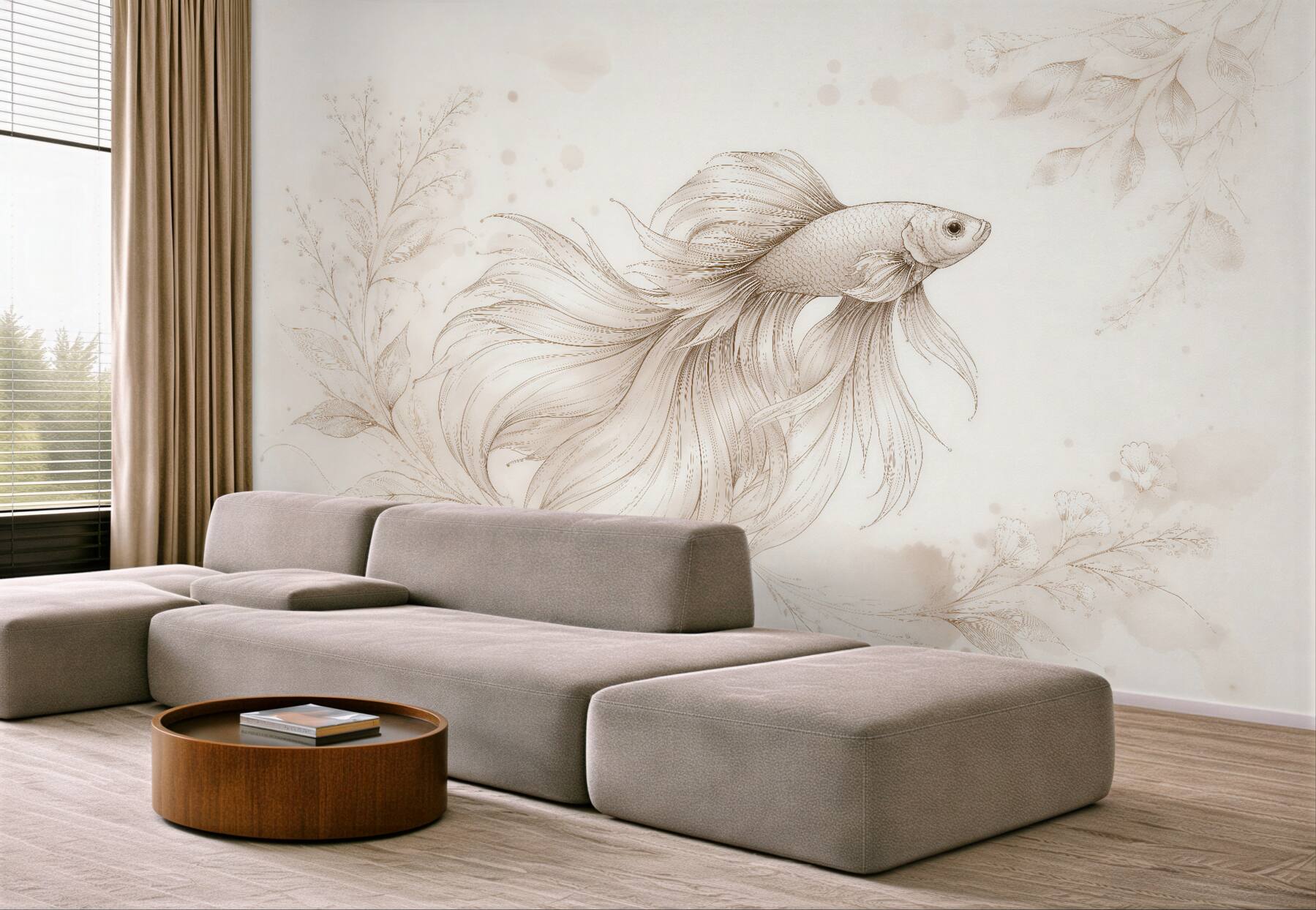 Fototapeten Zarter Fisch in floralem Sketch