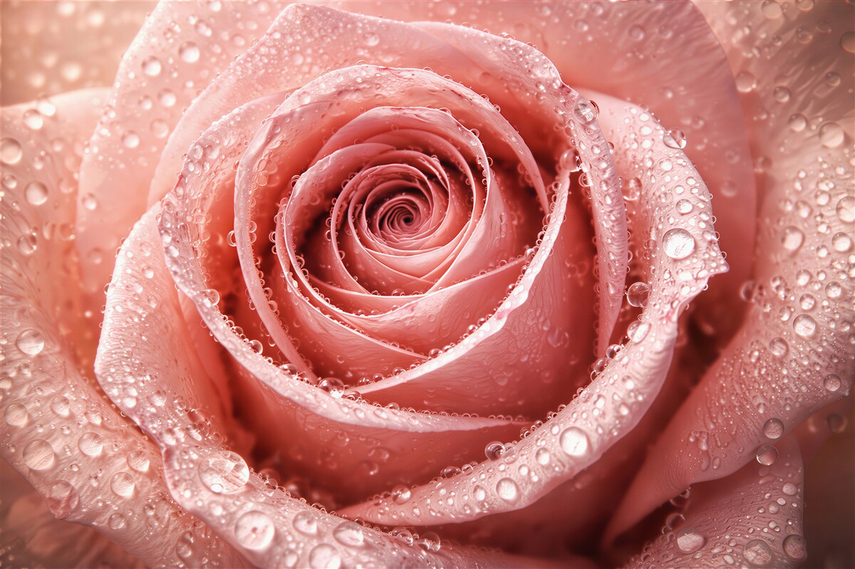 Fototapeten Puderrosa Rose in Tautropfen