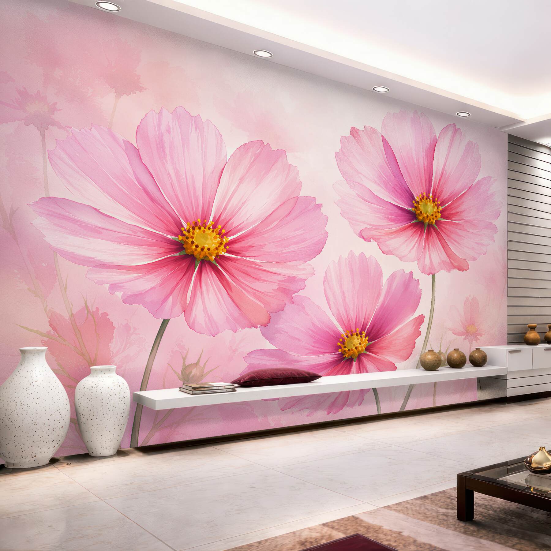 Fototapeten Rosa Kosmeen im Aquarellstil