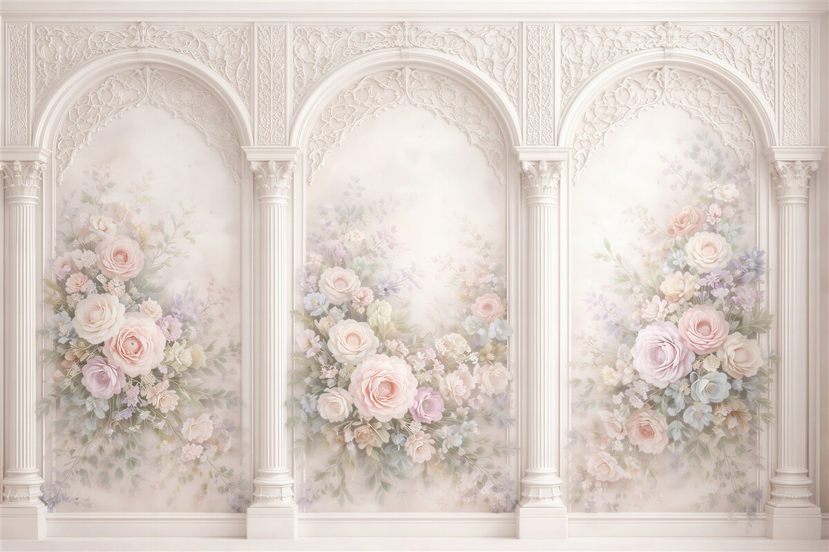 Fototapeten Pastellblumen in palastartigen Arkaden