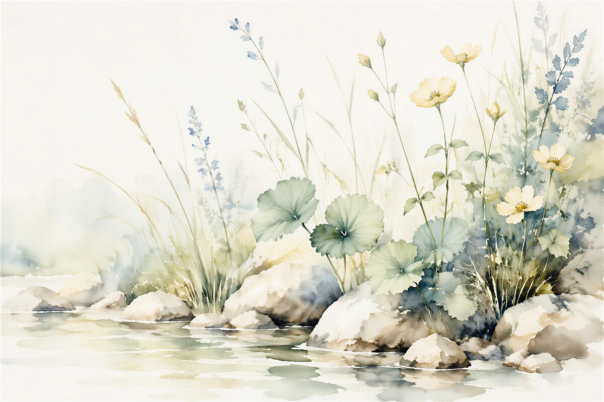 Fototapeten Aquarellwiese am Wasser