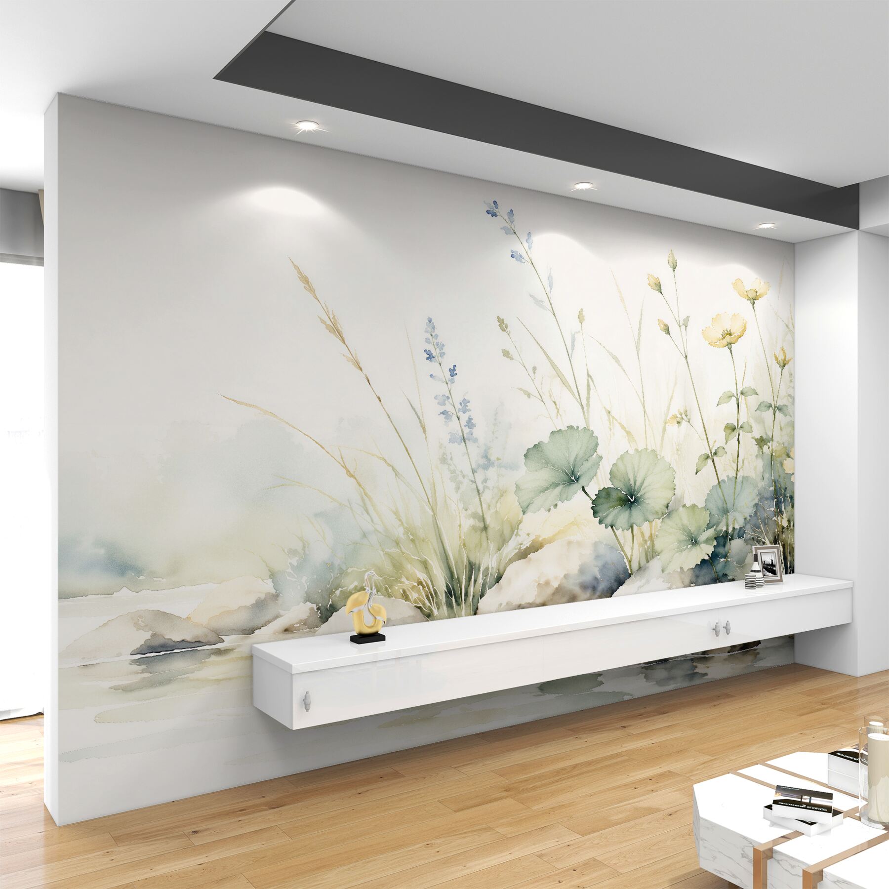 Fototapeten Aquarellwiese am Wasser
