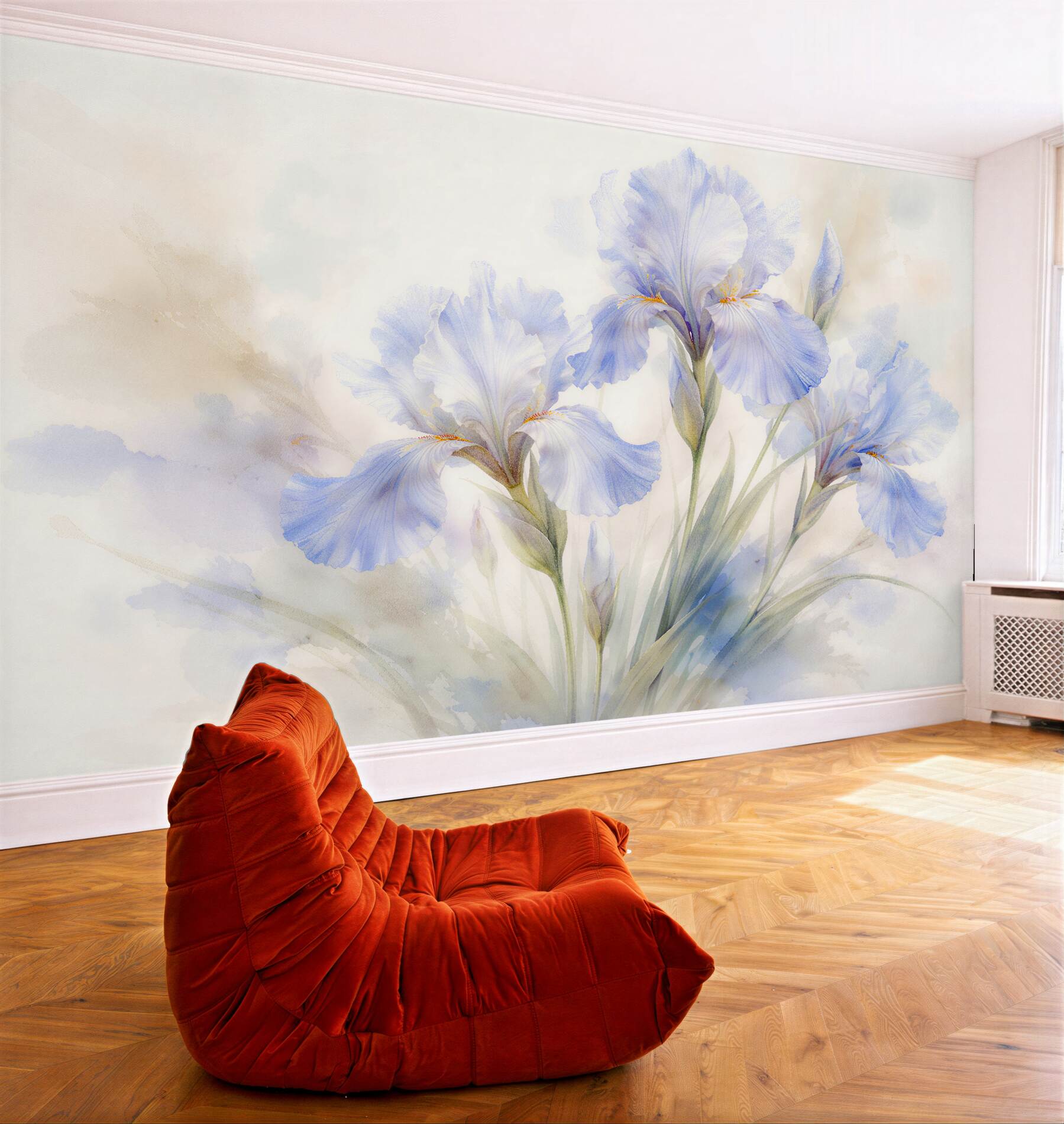 Fototapeten Blaue Irisblüten in Aquarell