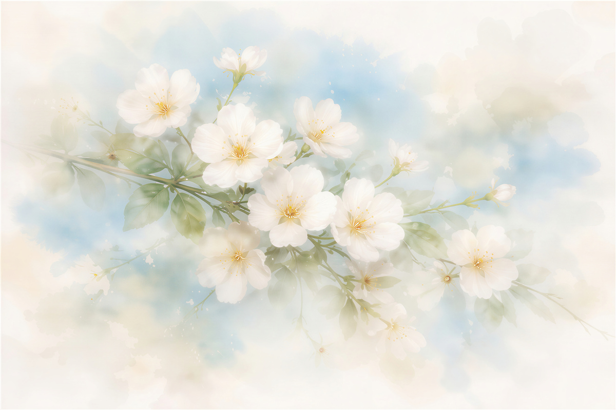 Fototapeten Zarte weiße Blumen in Aquarell
