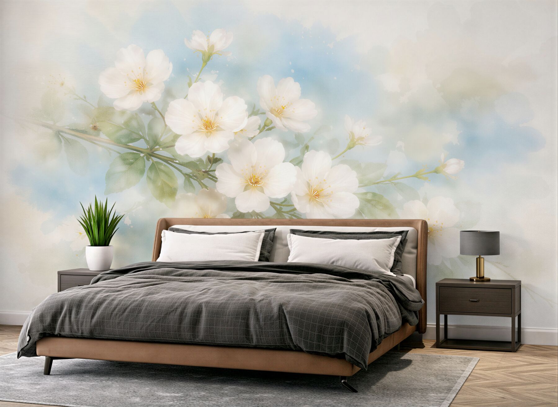 Fototapeten Zarte weiße Blumen in Aquarell