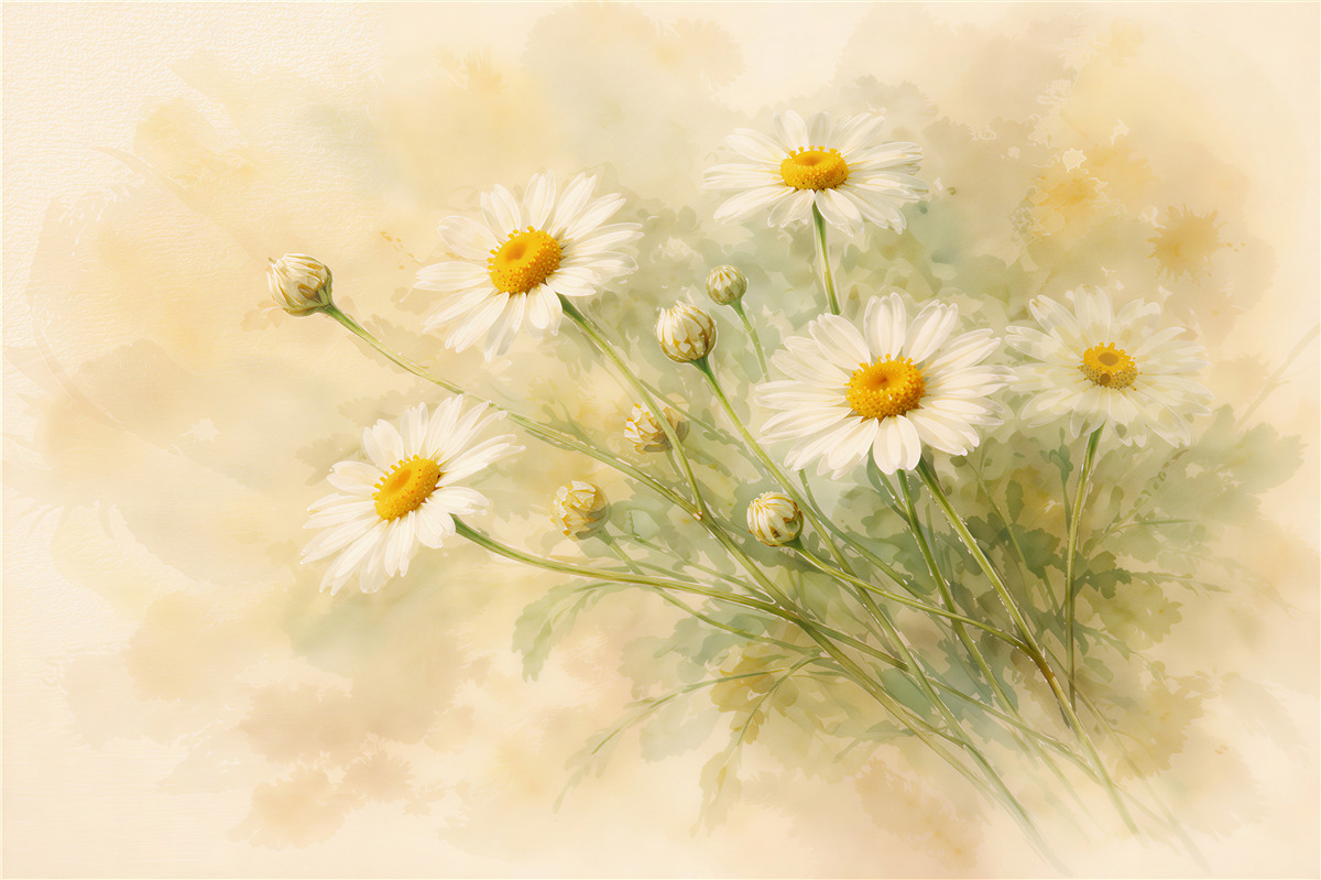 Fototapeten Sonnige Gänseblümchen in Aquarell