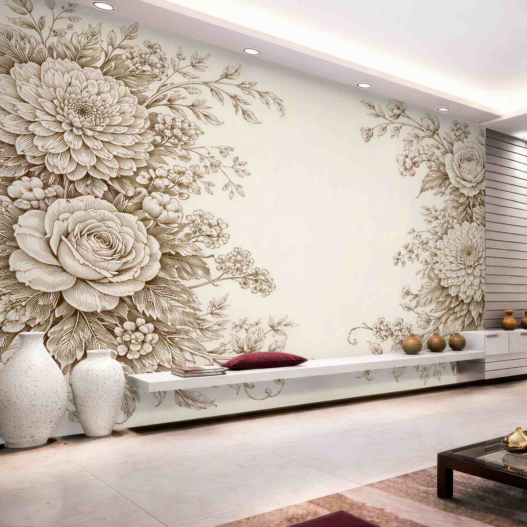 Fototapeten Cremefarbene Blumen in eleganter Skizze