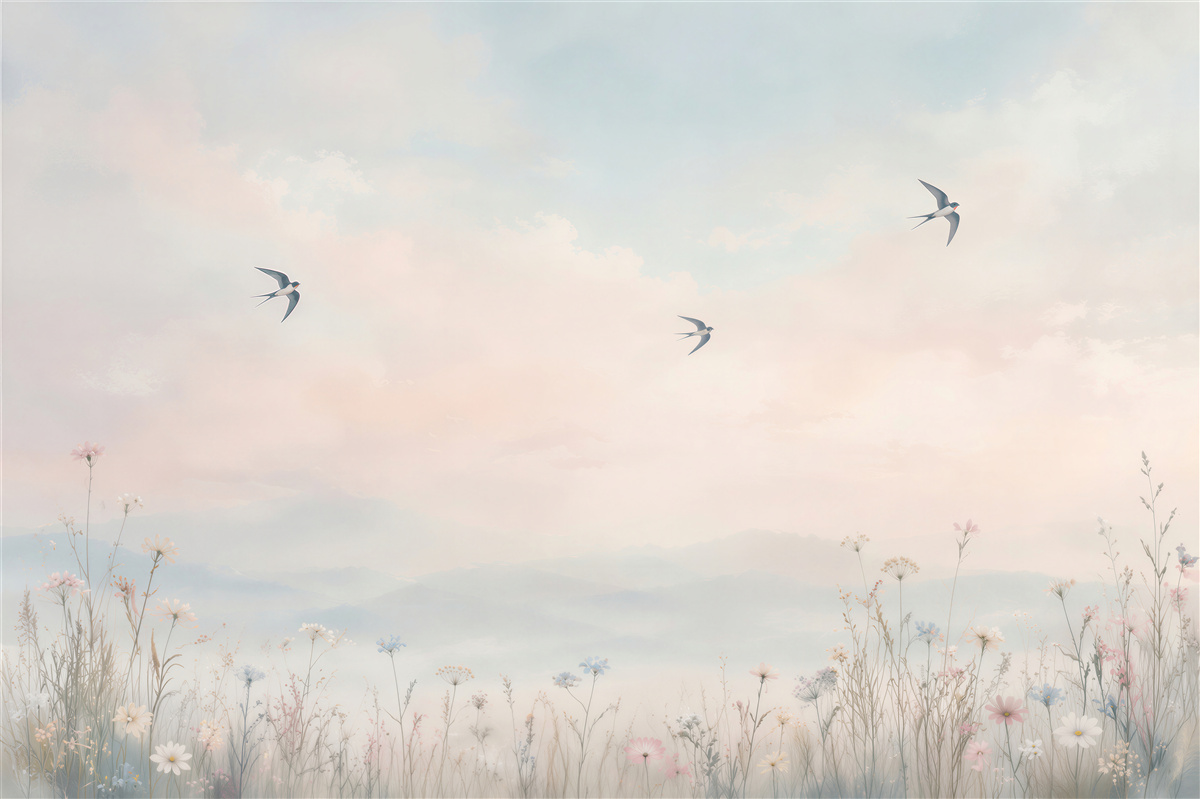 Fototapeten Pastellhimmel über einer Blumenwiese
