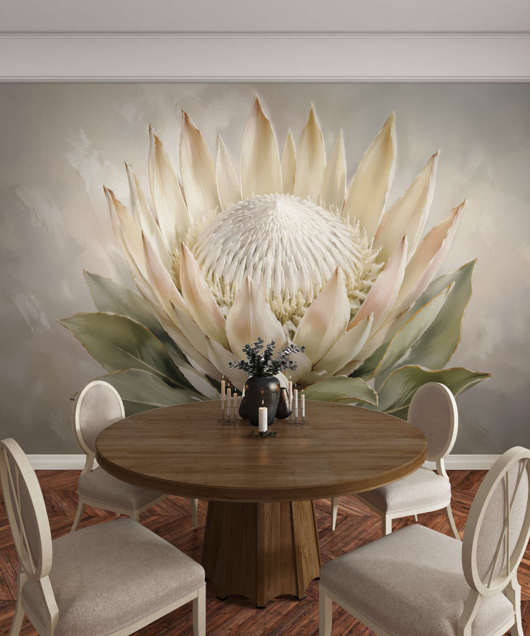 Fototapeten Cremefarbene Protea im zarten Stil