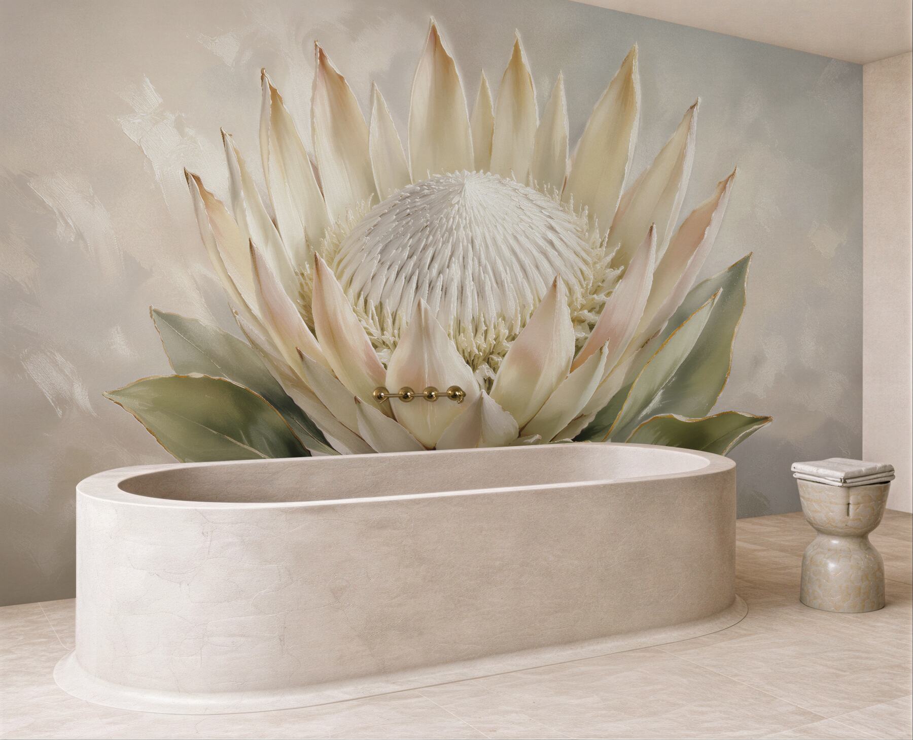 Fototapeten Cremefarbene Protea im zarten Stil