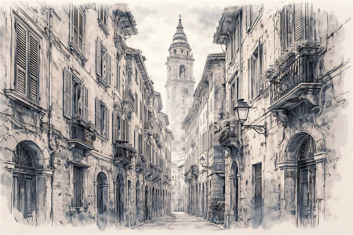 Fototapeten Skizze einer historischen Gasse mit Turm