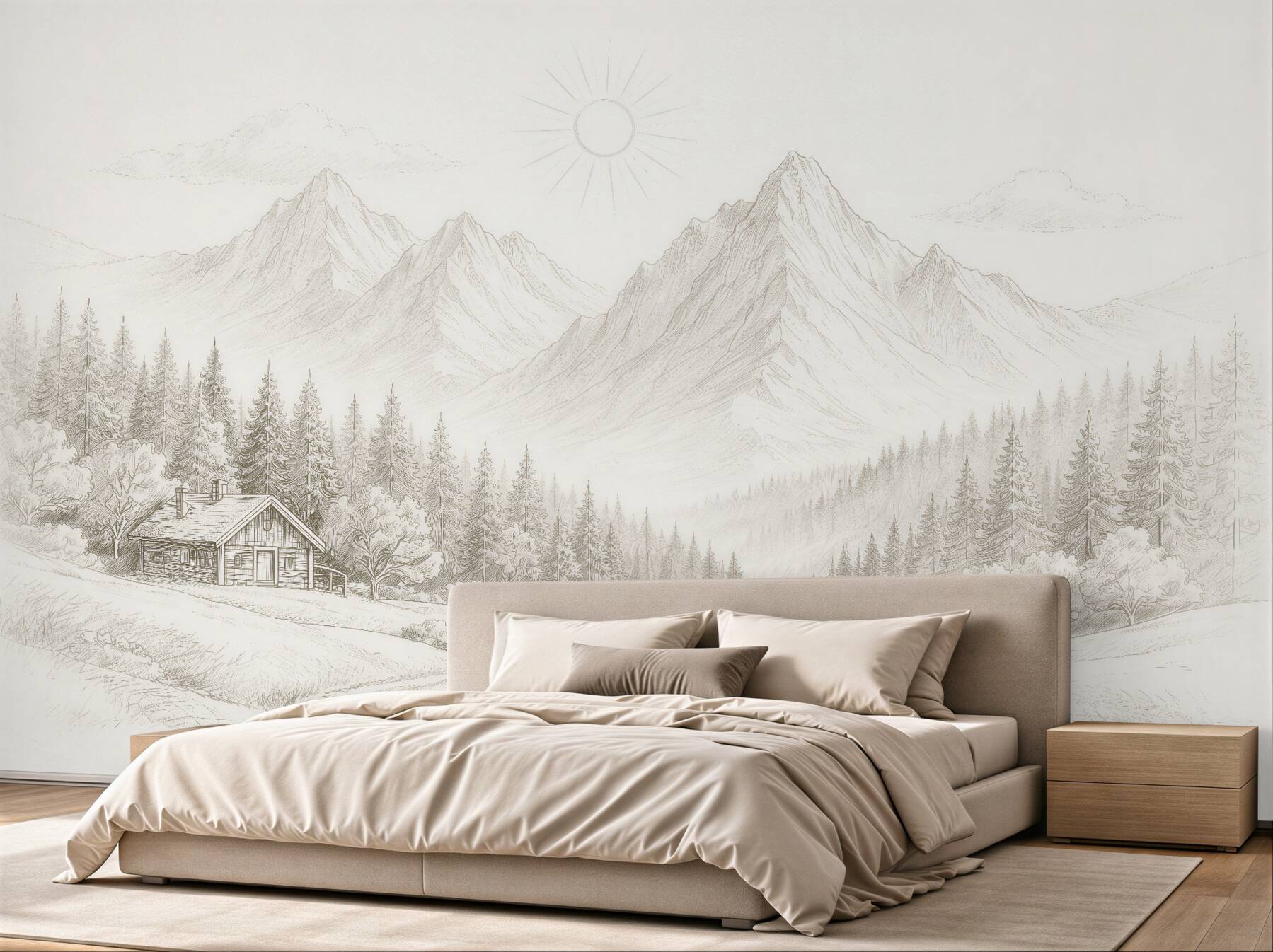 Fototapeten Bergtal mit Waldhütte