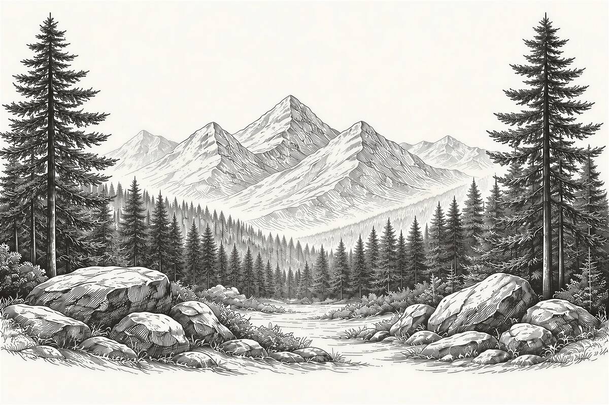 Fototapeten Berglandschaft in stiller Waldruhe