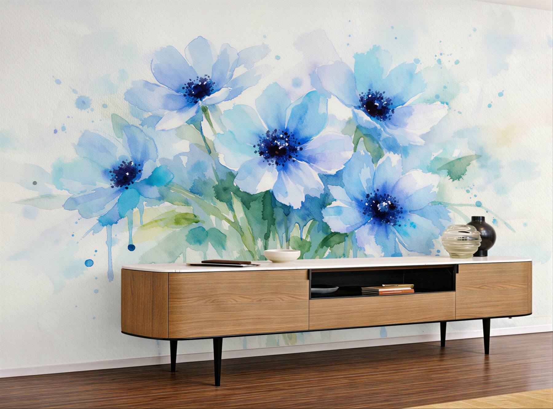 Fototapeten Blaue Blumen in Aquarell