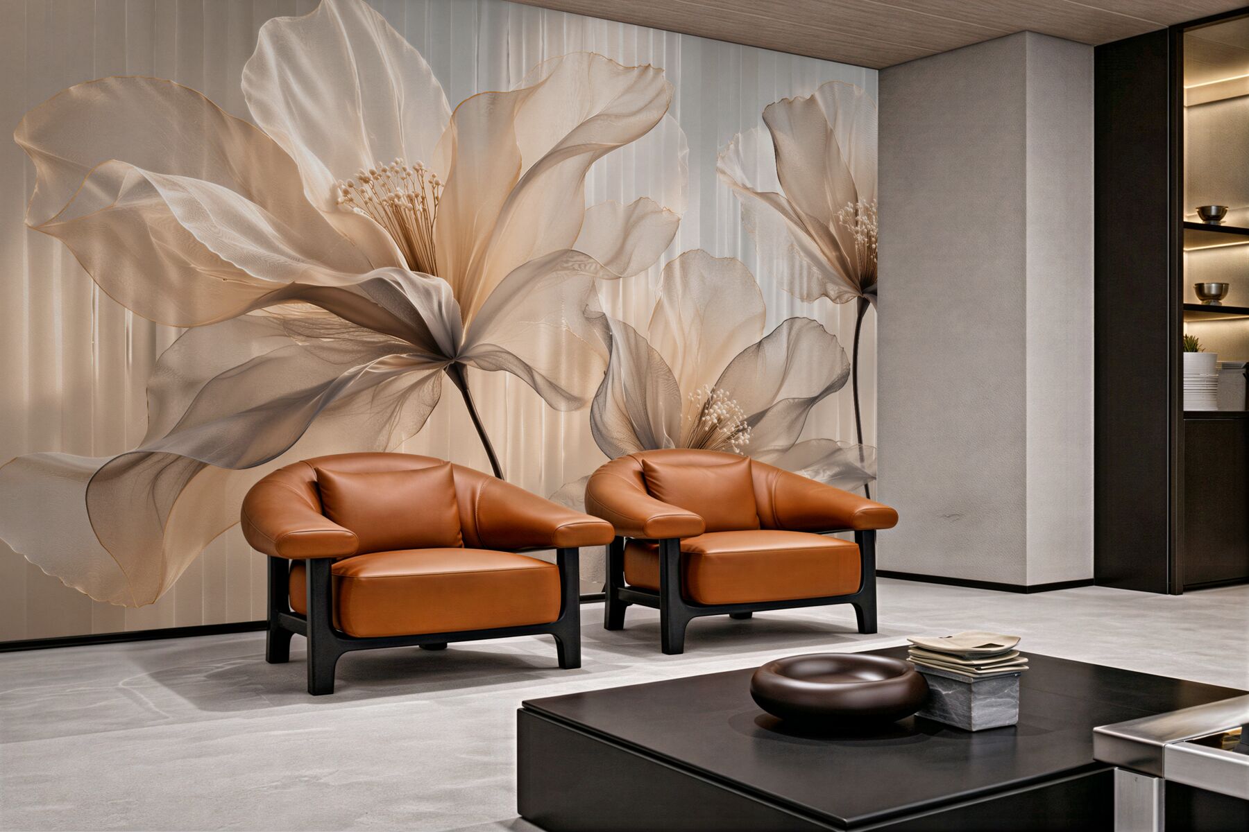 Fototapeten Goldene Blumen eleganter Schleier