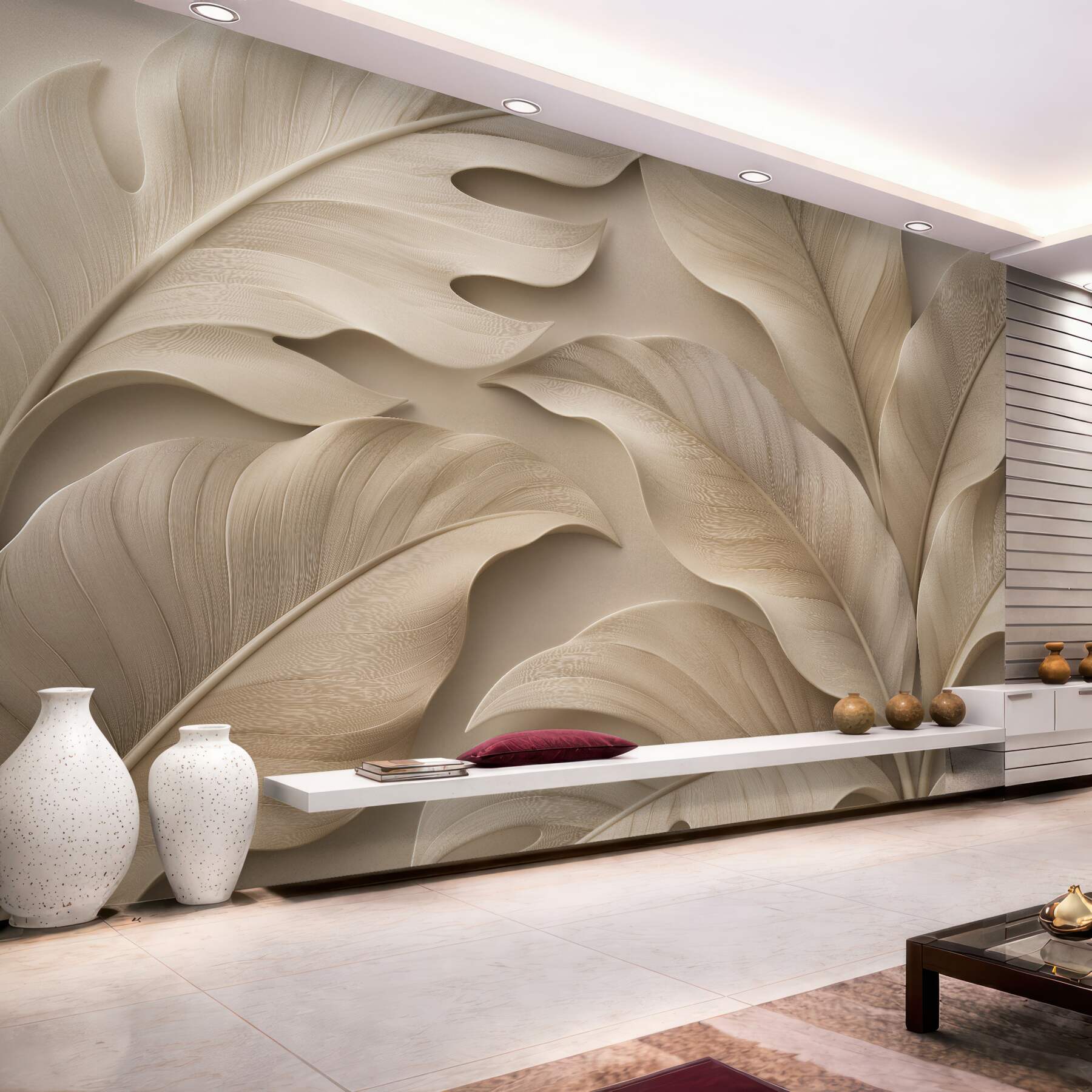 Fototapeten Beige Blätter in elegantem Relief