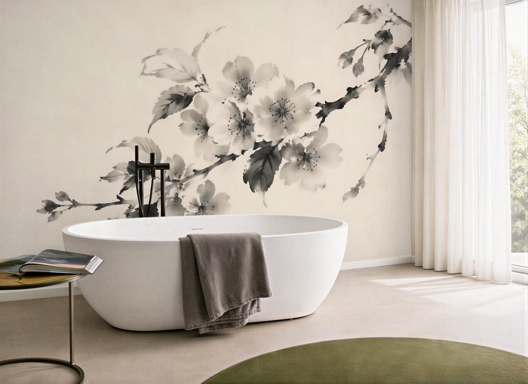 Fototapeten Aquarell-Zweig mit Retro-Blumen