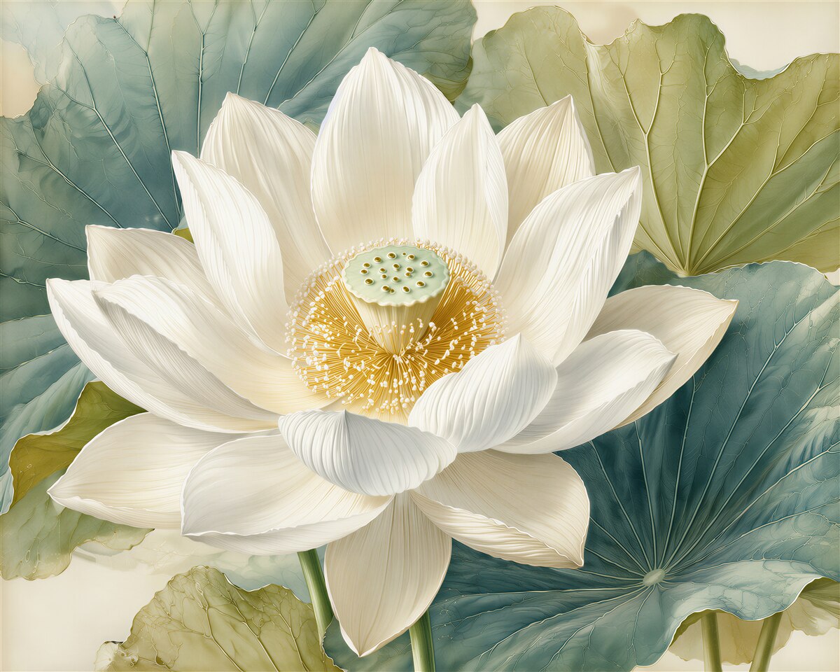 Fototapeten Weißer Lotus in subtilen Blättern